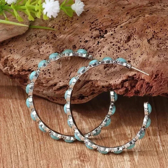 Multicolor Vacation Women's Turquoise Decor Open Hoop Earrings - Picture 2 of 2